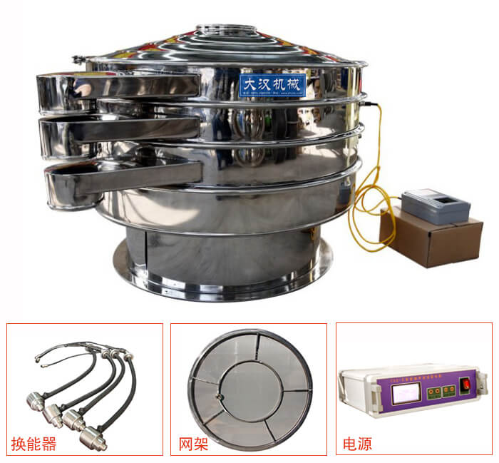  全不銹鋼超聲波振動篩內(nèi)部組成：換能器，網(wǎng)架，電源。